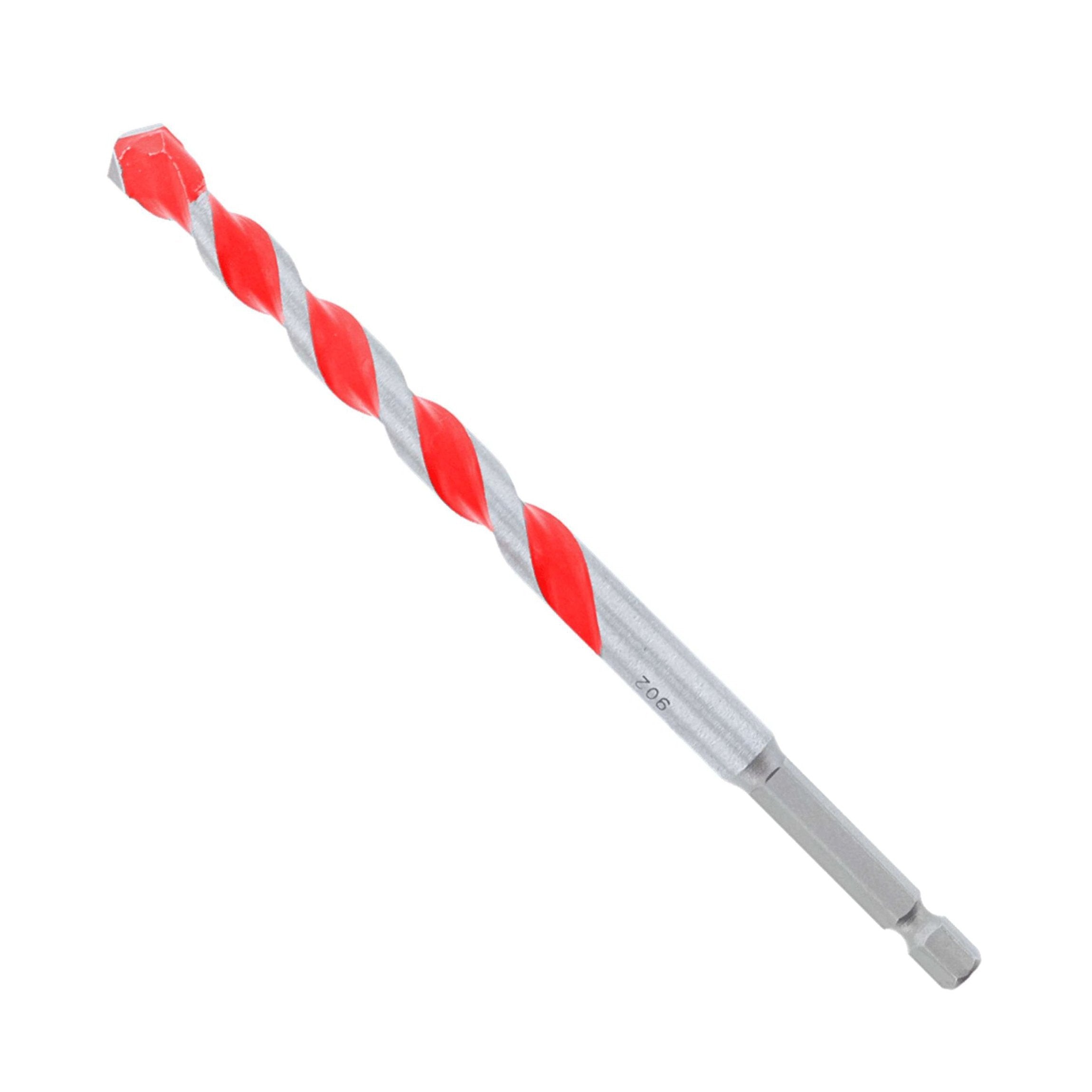 Close-up of the DIABLO DMARG1120 SPEEDemon™ Red Granite Carbide-Tipped Hammer Drill Bit, showcasing its gray and red spiral design with a hexagonal shank, set against a white background.