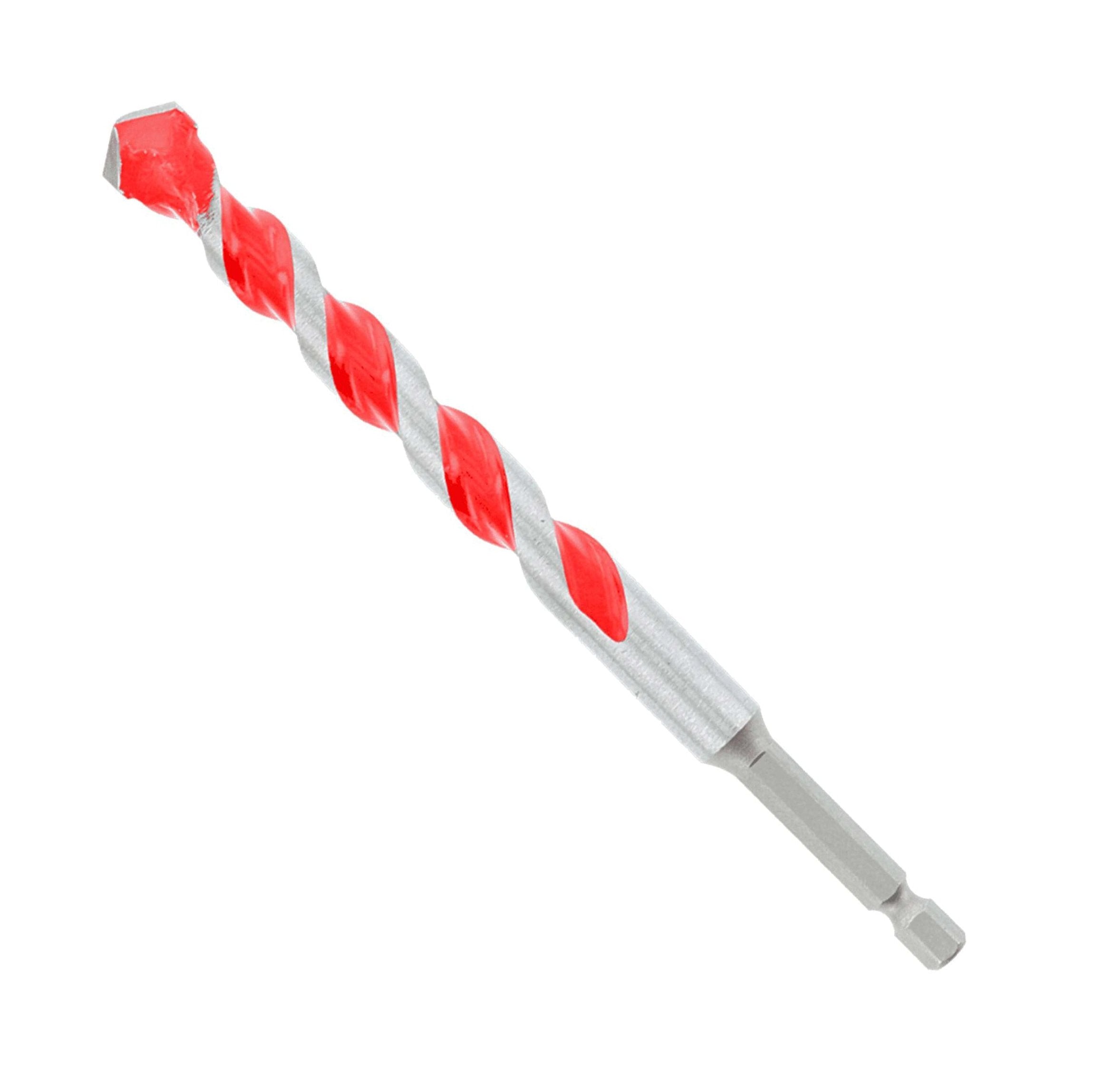 A Diablo DMARG1150 1/2 in. x 4 in. x 6 in. SPEEDemon™ red granite carbide-tipped hammer drill bit with a hexagonal shank and pointed tip is shown on a white background, featuring a vibrant red spiral accent for masonry drilling.