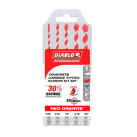 The DIABLO DMARG1220-S5 5-piece SPEEDemon™ set, encased in clear plastic, includes red and silver granite-carbide tipped bits (sizes: 5/32, 3/16, 1/4, 5/16, and 3/8) with precision multi-ground Grip Point tips, emphasizing savings and strength.