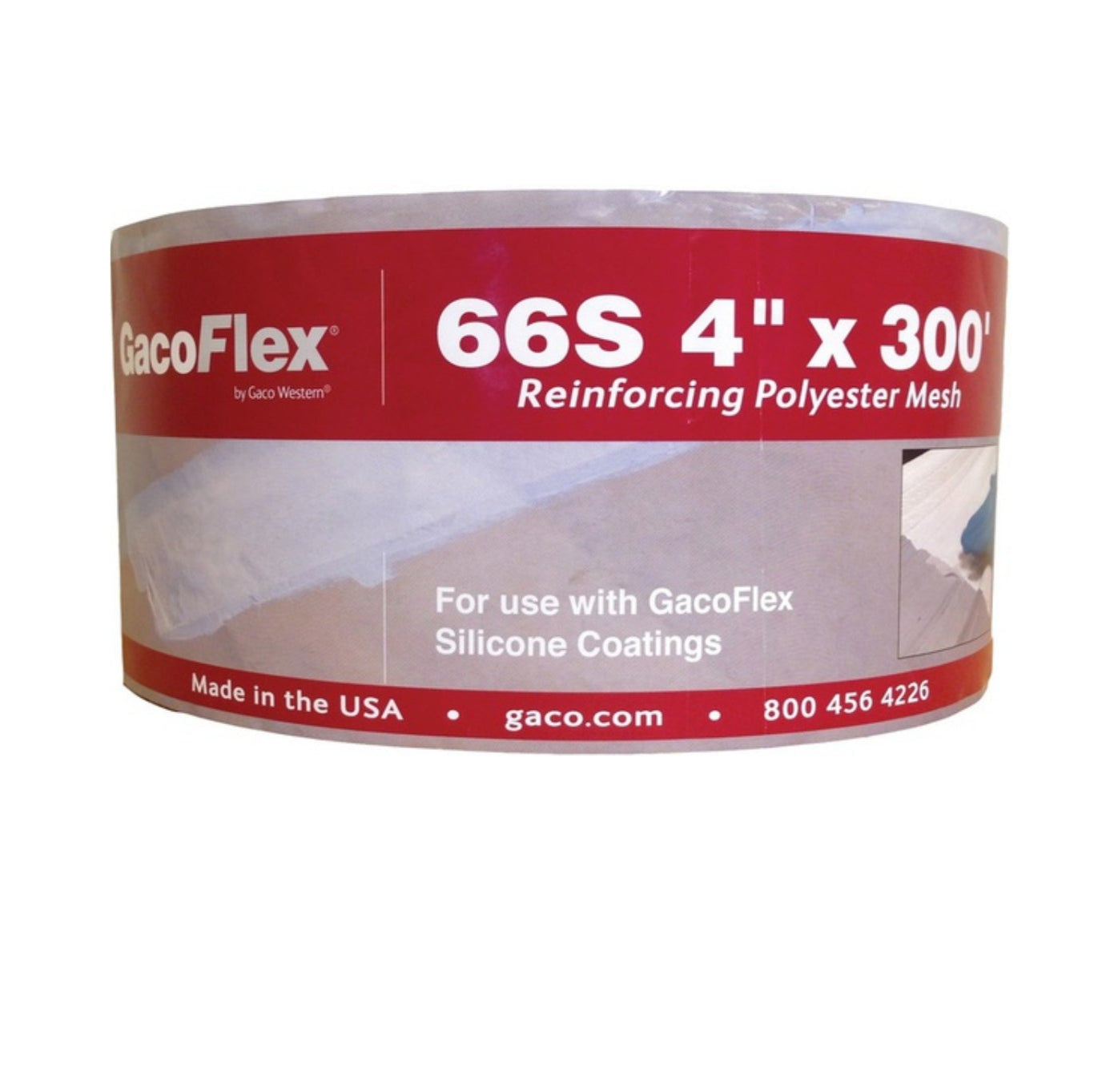 The GACO BT66S 4 in. x 300 ft Reinforcing Polyester Mesh tape features red and white labeling, is made in the USA, and is designed for GacoFlex Silicone Coatings, with a contact number provided.