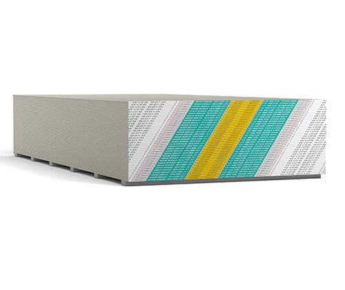 A stack of Go Builds 1/4 in. x 4 ft. x 8 ft. High Flex Drywall Panels features teal and yellow diagonal stripes, perfect for crafting curved walls due to their textured surface and uniform thickness, resting on a flat surface.