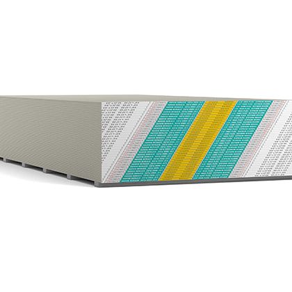 A stack of Go Builds 1/4 in. x 4 ft. x 8 ft. High Flex Drywall Panels features teal and yellow diagonal stripes, perfect for crafting curved walls due to their textured surface and uniform thickness, resting on a flat surface.