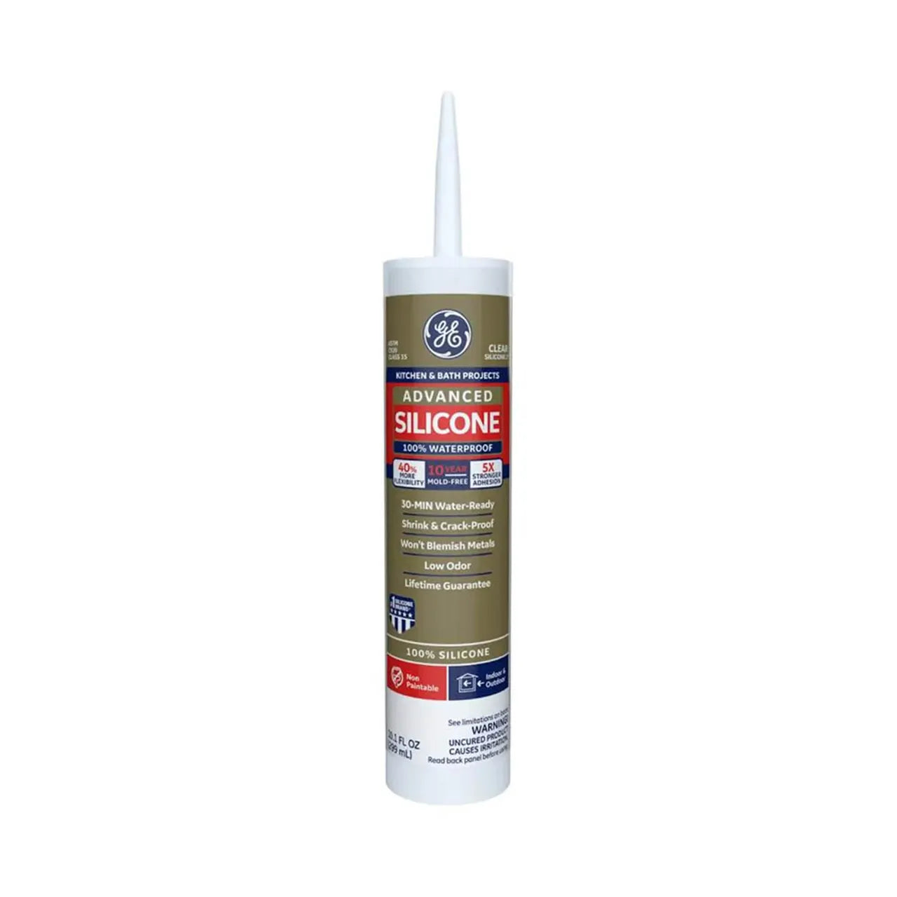 A tube of GE 2812562 Advanced 10.1 oz. Silicone II Kitchen and Bath Sealant - Clear from Go Build, The Fastest Way To Build, is labeled as 100% waterproof and mold-free, featuring a white nozzle. Perfect for DIY home improvement projects, it provides 40% more flexibility and offers five times stronger adhesion, making it ideal for both indoor and outdoor applications.