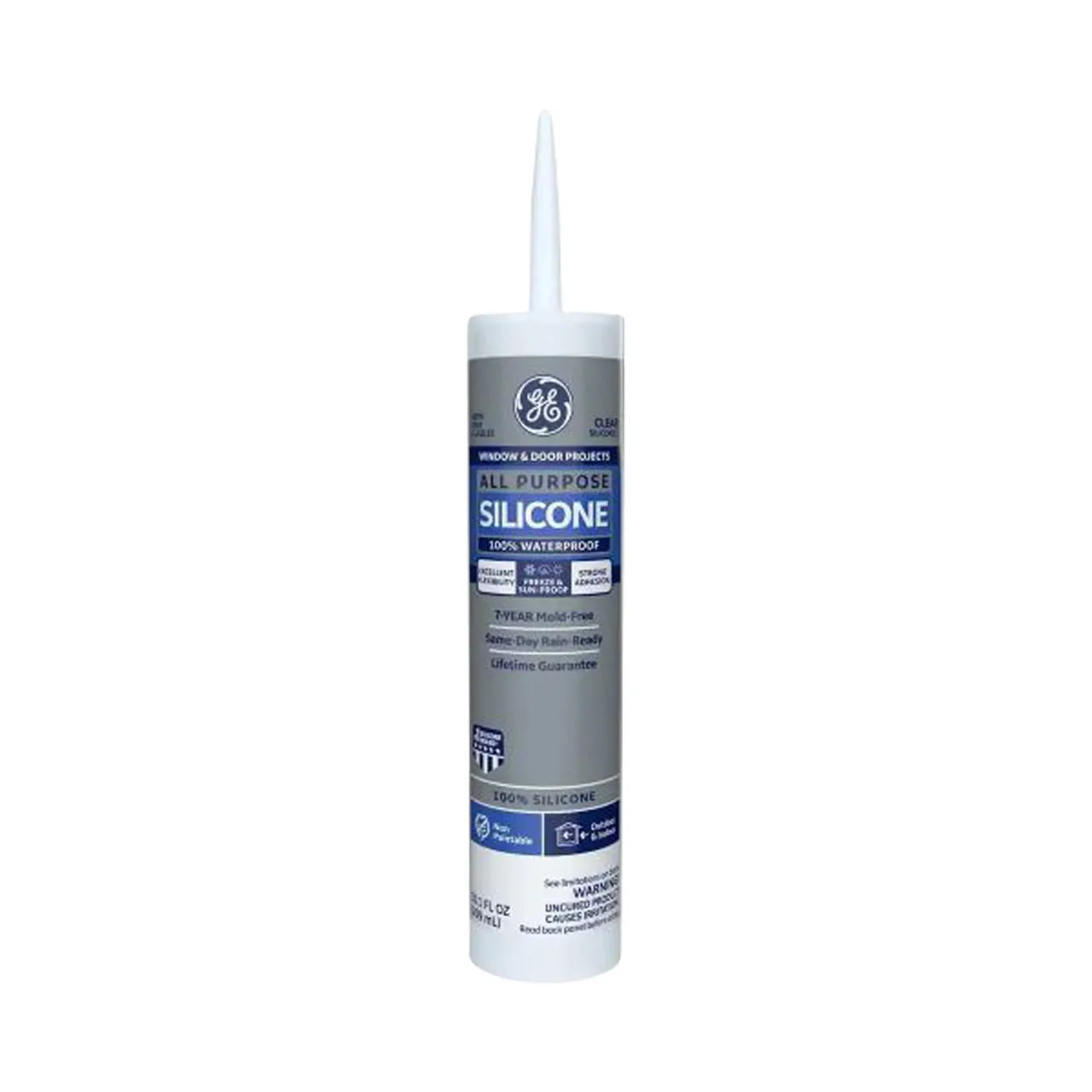 The GE 2795576 All Purpose 10.1 oz. Silicone Caulk Window and Door Sealant in clear is shown upright with an attached nozzle. It promises 100% waterproof protection, a lifetime guarantee, and mold-free benefits against a white background.