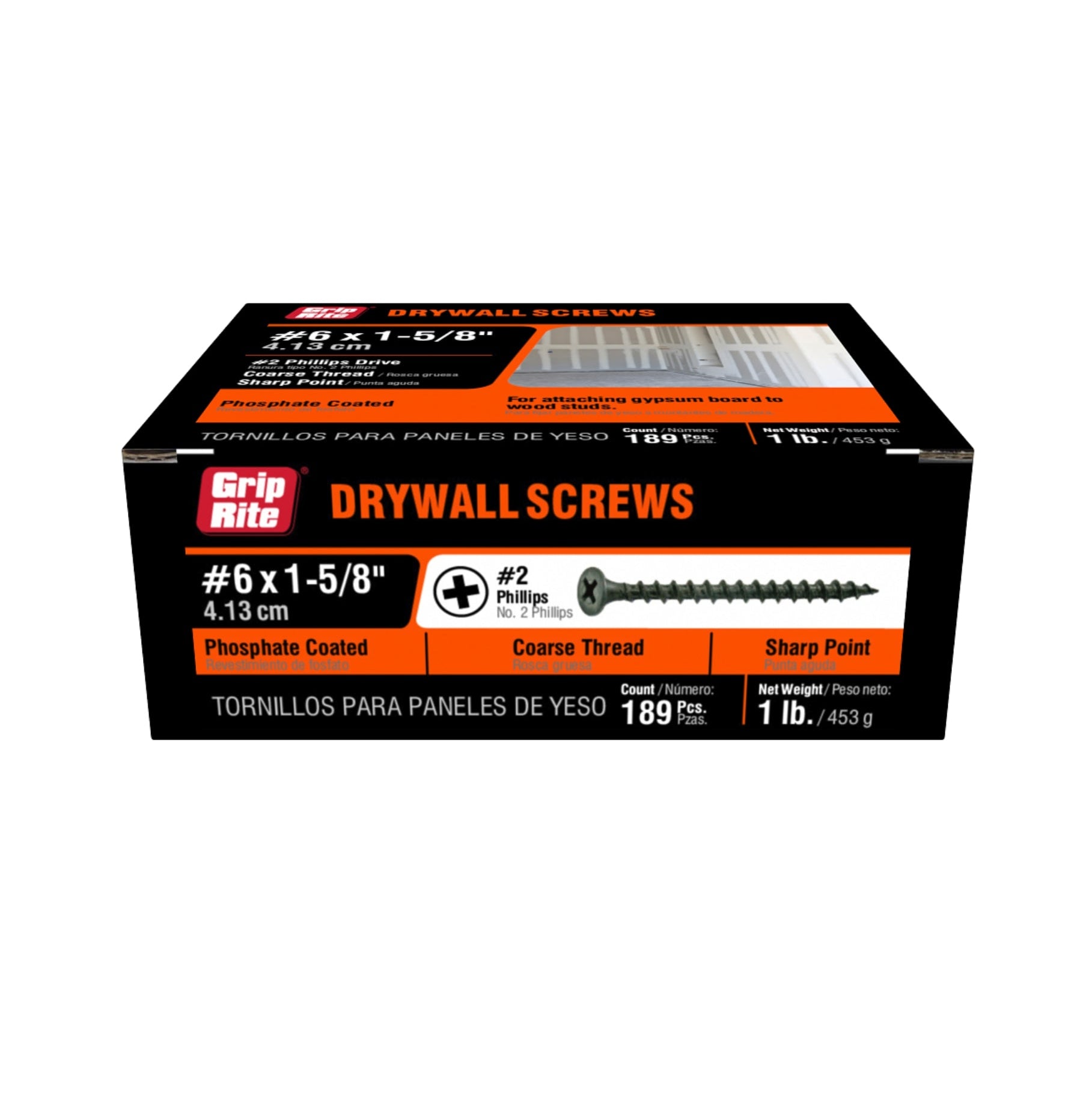 The Grip-Rite 158CDWS1 drywall screws, measuring #6 x 1-5/8 in., feature a black phosphate coating, coarse threads, and a sharp point. Compatible with a #2 Phillips drive, each black pack with red and white text contains 189 screws, weighing 1 lb (453 g).