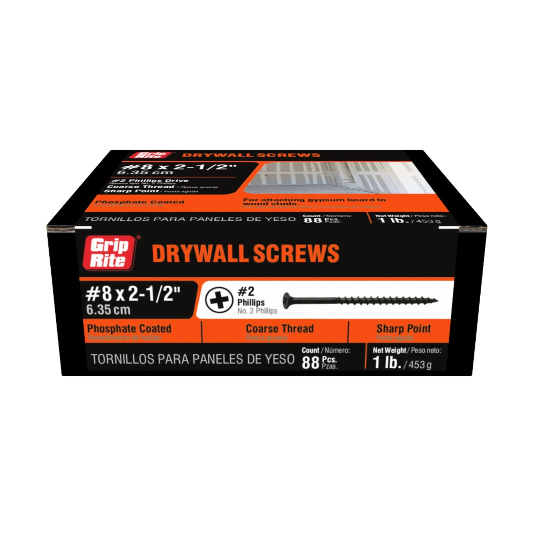 A Grip-Rite box of 1 lb drywall screws contains 88 #8 x 2-1/2 coarse thread screws with black phosphate coating and sharp points. Packaging is bilingual in English and Spanish.