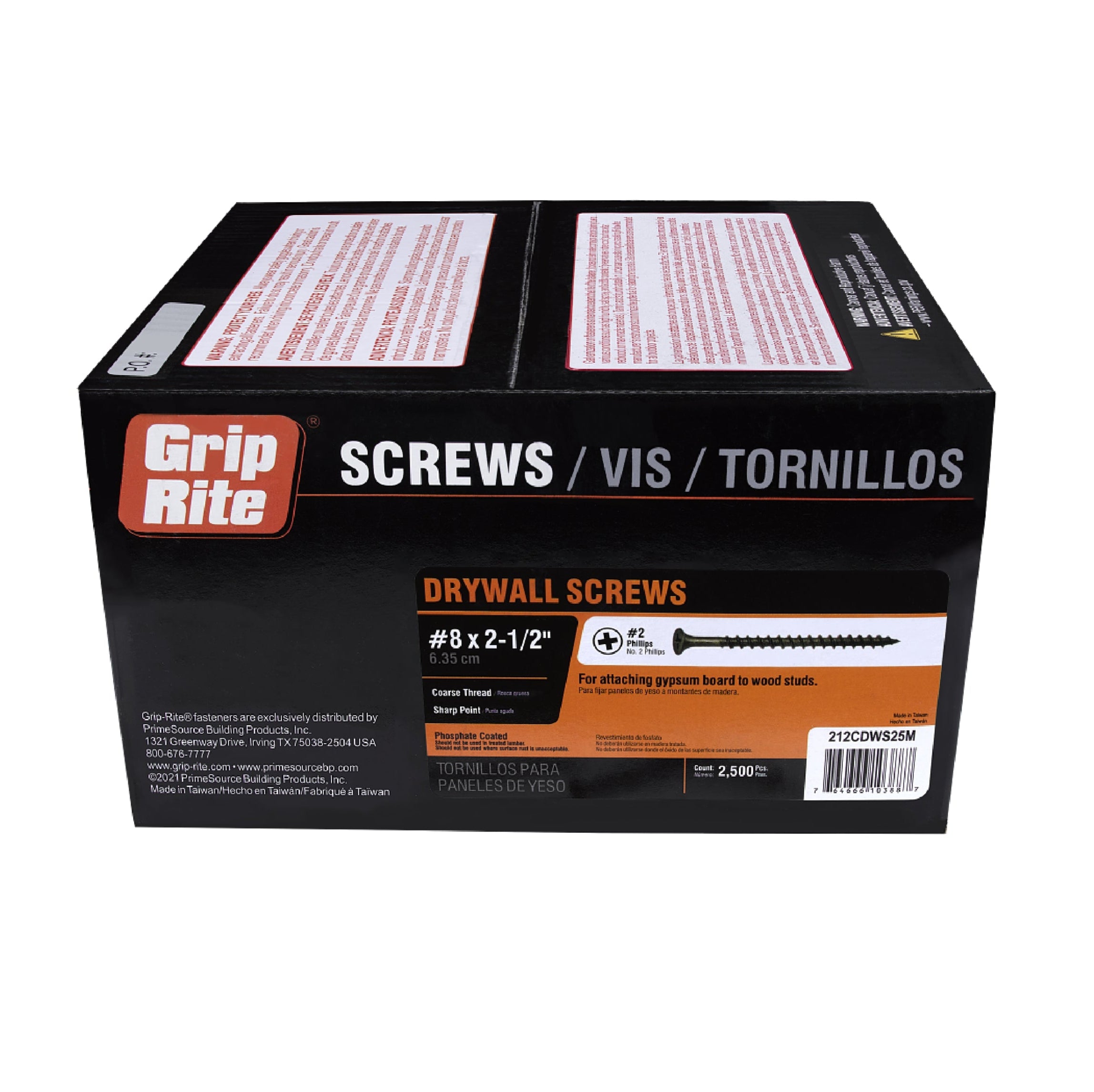 The GRIP-RITE 212CDWS25M drywall screws, coated in black phosphate, are labeled in English, French, and Spanish. These #8 x 2-1/2 coarse thread screws come in a 25 lb. box of 2500 and are perfect for securing gypsum board to wood studs.