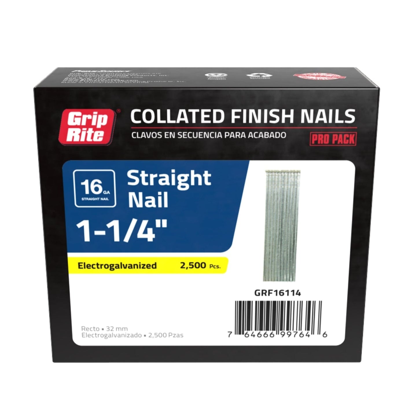 The image shows a box of GRIP-RITE GRF16114 1-1/4 in. 16-Gauge Electrogalvanized Collated Finish Nails (2500/Pack). Labeled as perfect for interior finish applications, it includes a Jam Free Guarantee.