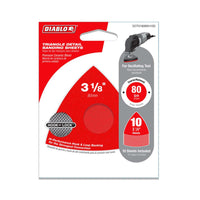 The DIABLO DCT318080H10G 3-1/8 in. 80-Grit Hook & Lock™ Triangular Detail Sanding Sheets (10-Pack) by Diablo features premium ENDURA-BOND™ technology, hook and loop backing, and a high-performance ceramic blend for efficient use with oscillating tools.