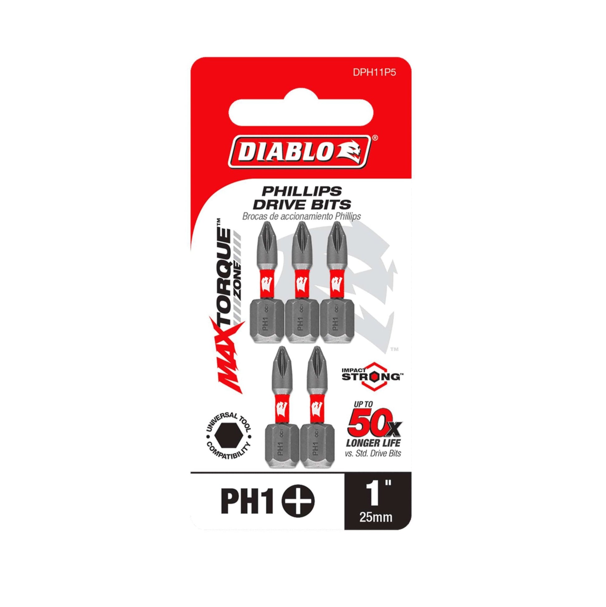 The DIABLO DPH11P5 pack includes five 1 in. #1 Phillips drive bits with MAXTORQUE branding, boasting Up to 50x Longer Life. They feature Impact Strong™ technology and come in a striking red and white design.