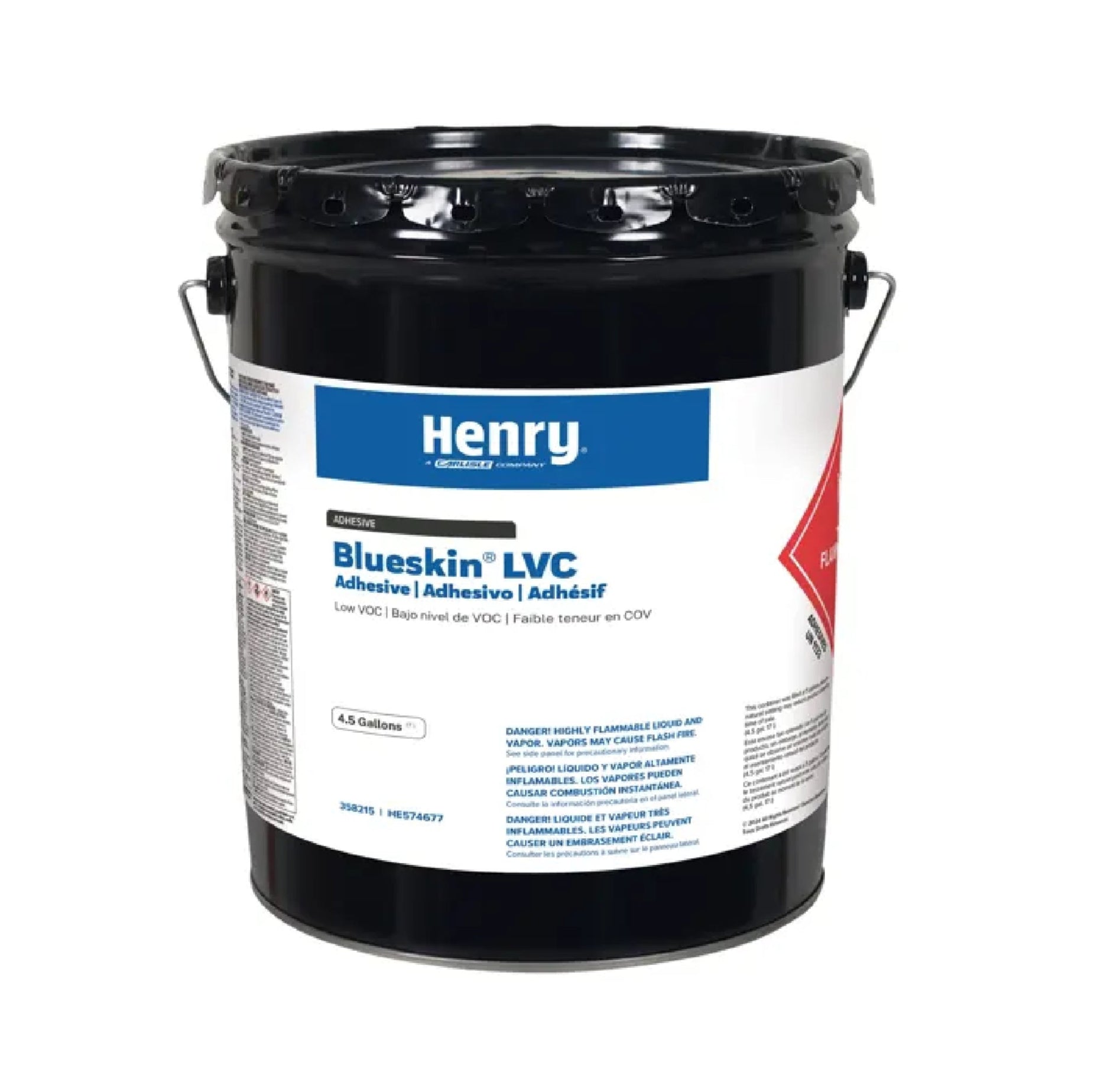 The HENRY HE574 BlueSkin Primer Adhesive from Henry is a black bucket with handles and a white and blue label, serving as an effective low VOC liquid flashing membrane sealant in 4.5 gallons.