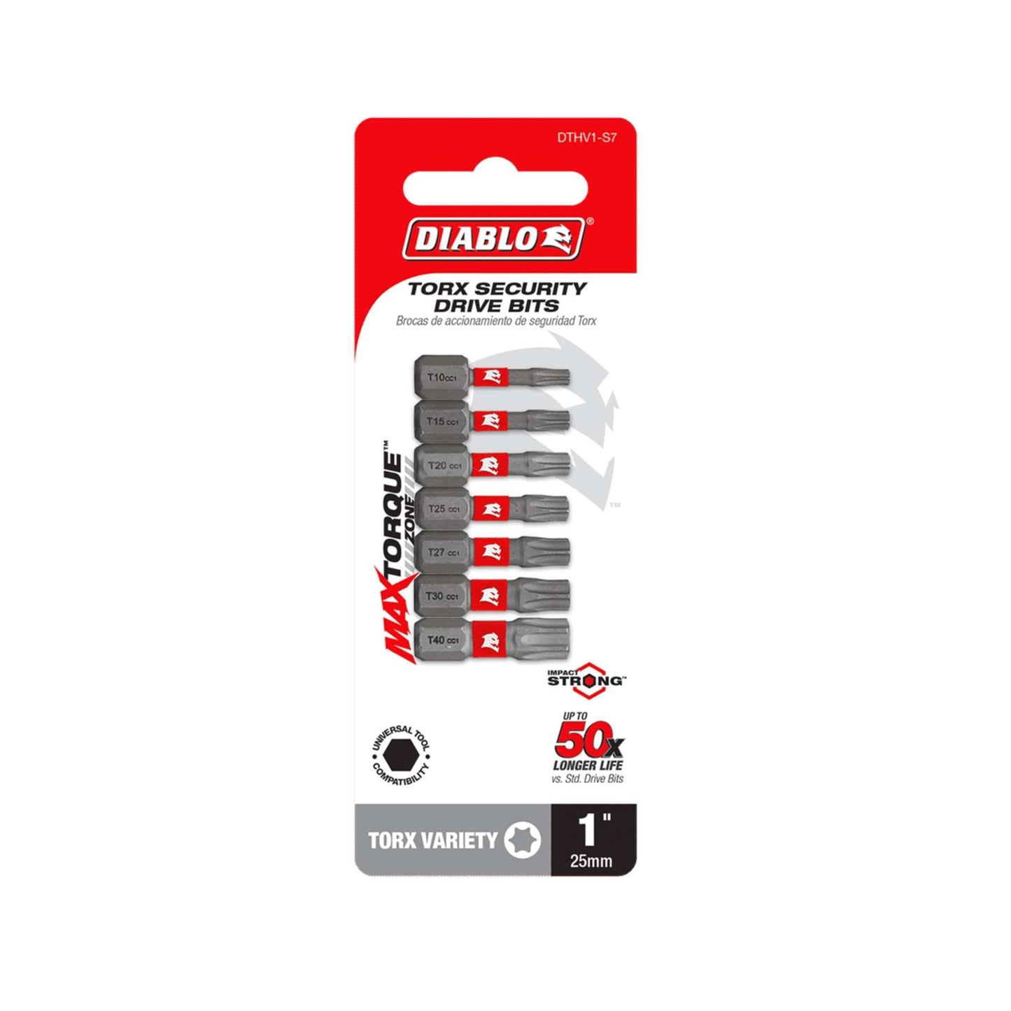 Introducing the Diablo DTHV1-S7 1 in. Torx Security Drive Bits, available in seven sizes from T10 to T40. These Impact Strong bits, with Max Torque and 50x Longer Life, come packaged in a clear case for exceptional performance and durability within the MaxTorque Zone.