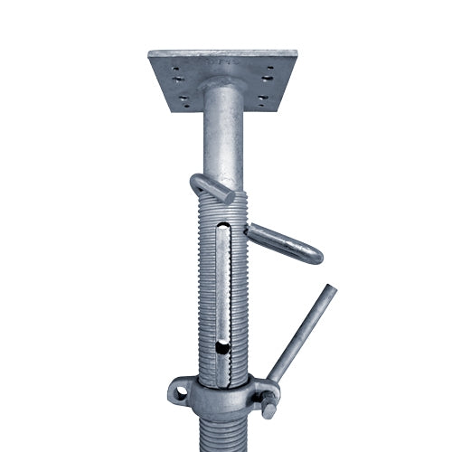 The Go Build 9-16 5 GALV SHORING POST features a threaded shaft with handle, two locking pins for adjustable height, and a square base plate for stability, offering a durable finish and practical design.