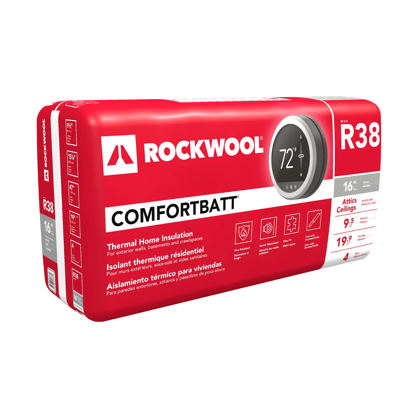 A red package of Rockwool RXCB381525 R38 ComfortBatt Insulation, made with sustainable rock-based mineral fibers, displays R38 in white. It features a thermostat showing 72°F and highlights thermal home insulation benefits in various languages.