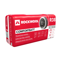 A red package of Rockwool RXCB381525 R38 ComfortBatt Insulation, made with sustainable rock-based mineral fibers, displays R38 in white. It features a thermostat showing 72°F and highlights thermal home insulation benefits in various languages.