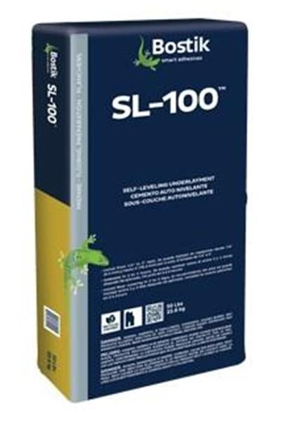 A 50 lb bag of BOSTIK SL-100 self-leveling underlayment is ideal for surface prep before flooring. The blue packaging showcases a green gecko logo, with detailed, multilingual text on the front.