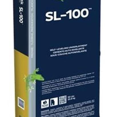 A 50 lb bag of BOSTIK SL-100 self-leveling underlayment is ideal for surface prep before flooring. The blue packaging showcases a green gecko logo, with detailed, multilingual text on the front.