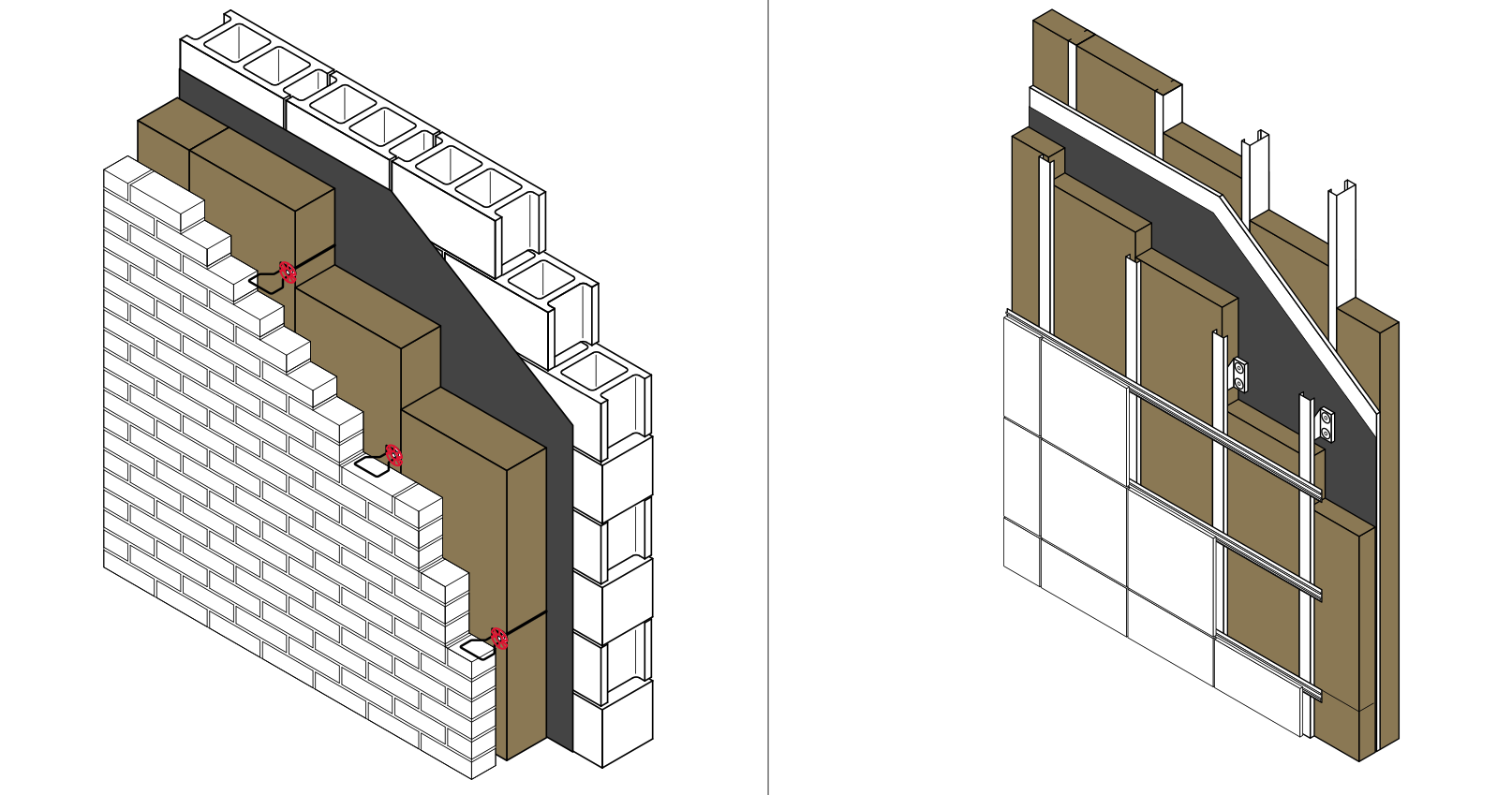 Two architectural cross-section diagrams of a wall. The left side shows layers like bricks and cinder blocks with connectors. On the right, there’s outer cladding with inner layers featuring Owens Corning T3RB451664 ThermaFiber RainBarrier 45 Mineral Wool by Go Build for fire resistance and insulation.