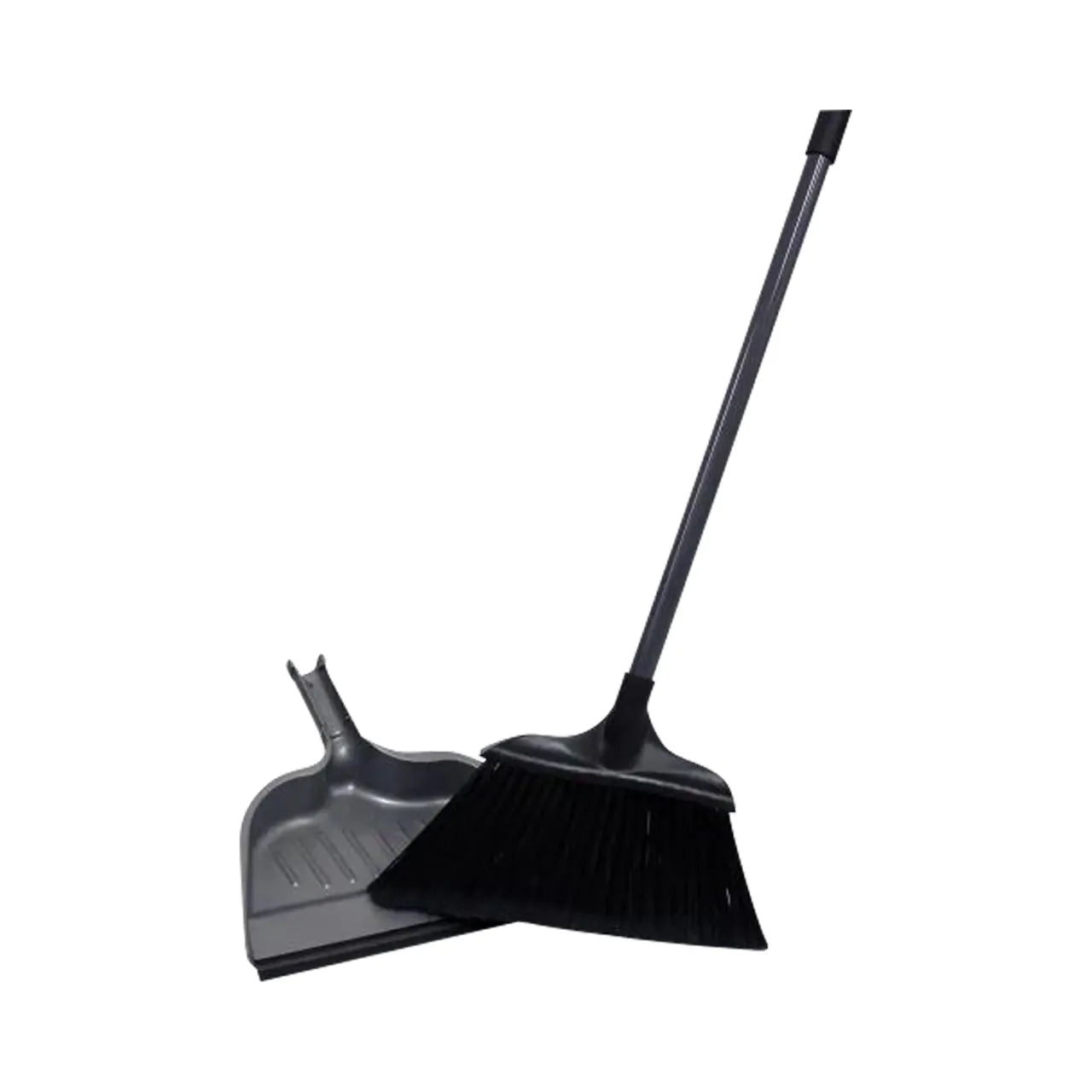 The Go Build Jumbo 15 in. Angle Broom with Dustpan features dark bristles, long handles, and a raised dustpan back to prevent spills. The diagonal broom offers an eco-friendly cleaning touch.