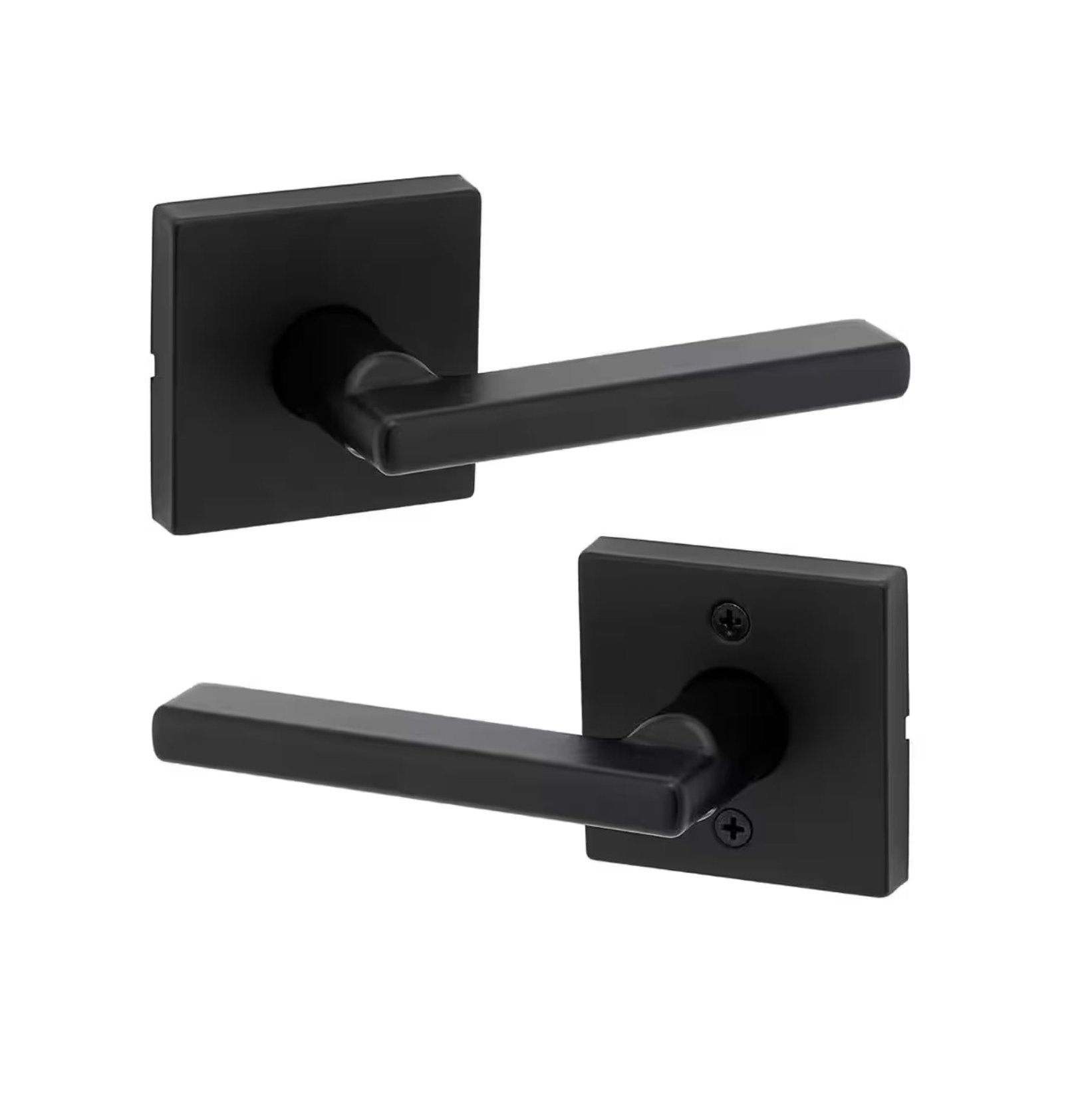 The KWIKSET 720HFLSQT514CP Halifax Square Passage Door Lever features a straight lever style on a square backplate in matte black. Its sleek, modern design makes it ideal for contemporary hallways or closets.