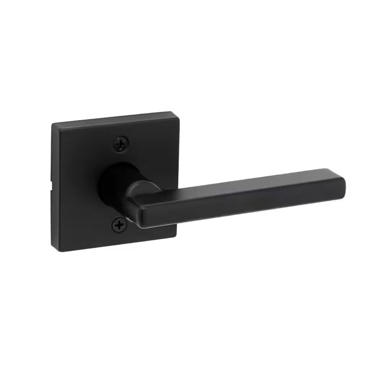 The KWIKSET 788HFL Halifax Square Matte Black Half-Dummy Door Lever showcases a straight, rectangular design with a square rosette. It is elegantly mounted on a white background, blending modern style with functionality.