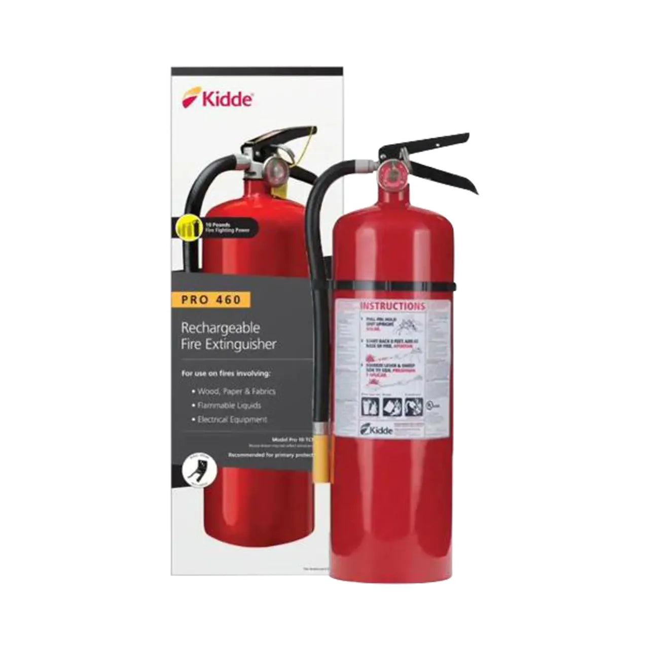 A Go Build Pro 460 4-A:60-B:C Fire Extinguisher (10lb) stands by its packaging, highlighting its effectiveness on wood, paper, fabrics, flammable liquids, and electrical equipment. It features an instruction label and black nozzle for easy use.