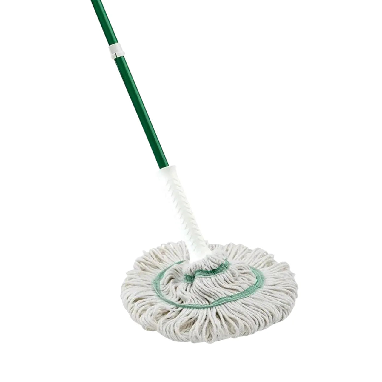 The Tornado Mop by Go Build, The Fastest Way To Build, showcases a green handle and white cotton strands in a circular pattern designed to resist odor-causing bacteria. Its reusable mop head promotes sustainability and hygiene against a plain white background.