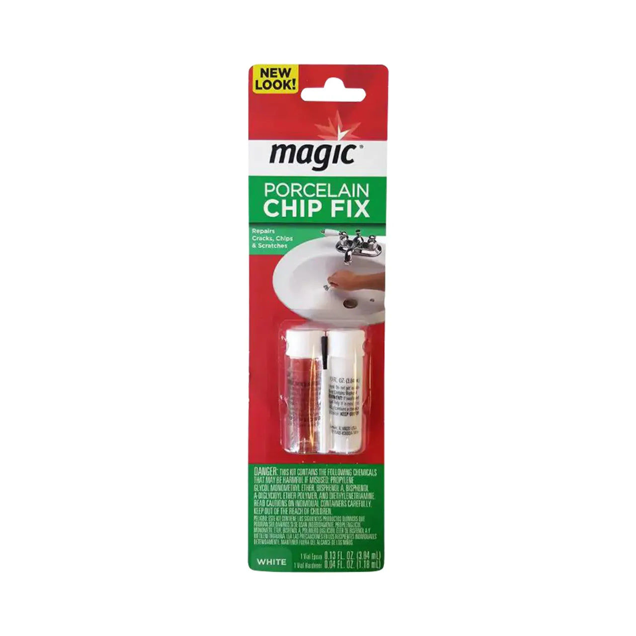 The Porcelain Chip Fix Repair for Tubs and Sink by Go Build features a small kit with self-leveling epoxy for porcelain surfaces. The red packaging, accented with green and white, shows a repaired sink photo, highlighting its high gloss finish.