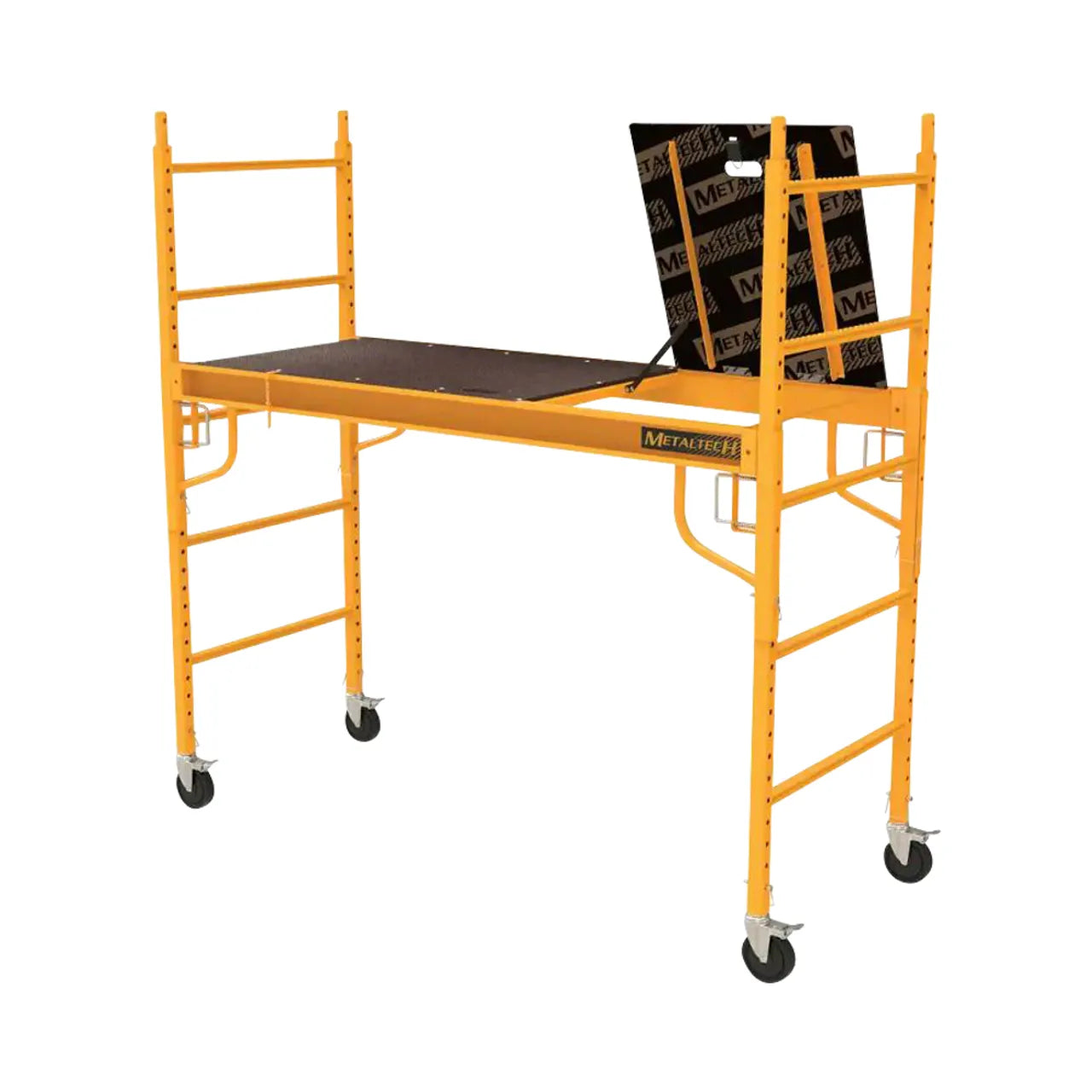 The G-FORCE 44806 Rolling Scaffold features a yellow, portable design with heavy-duty caster wheels and a black anti-slip deck. Vertical ladder-like sides and horizontal beams ensure stability, while the brand G FORCE is prominently displayed on the structure.