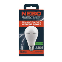 The NEBO NEB-ARE-0003 Blackout Backup Rechargeable Emergency Light Bulb packaging displays an image of the bulb and text promoting its rechargeable emergency function. It operates without power, equivalent to 60 watts, thanks to a built-in battery and features striking lightning graphics on the background.