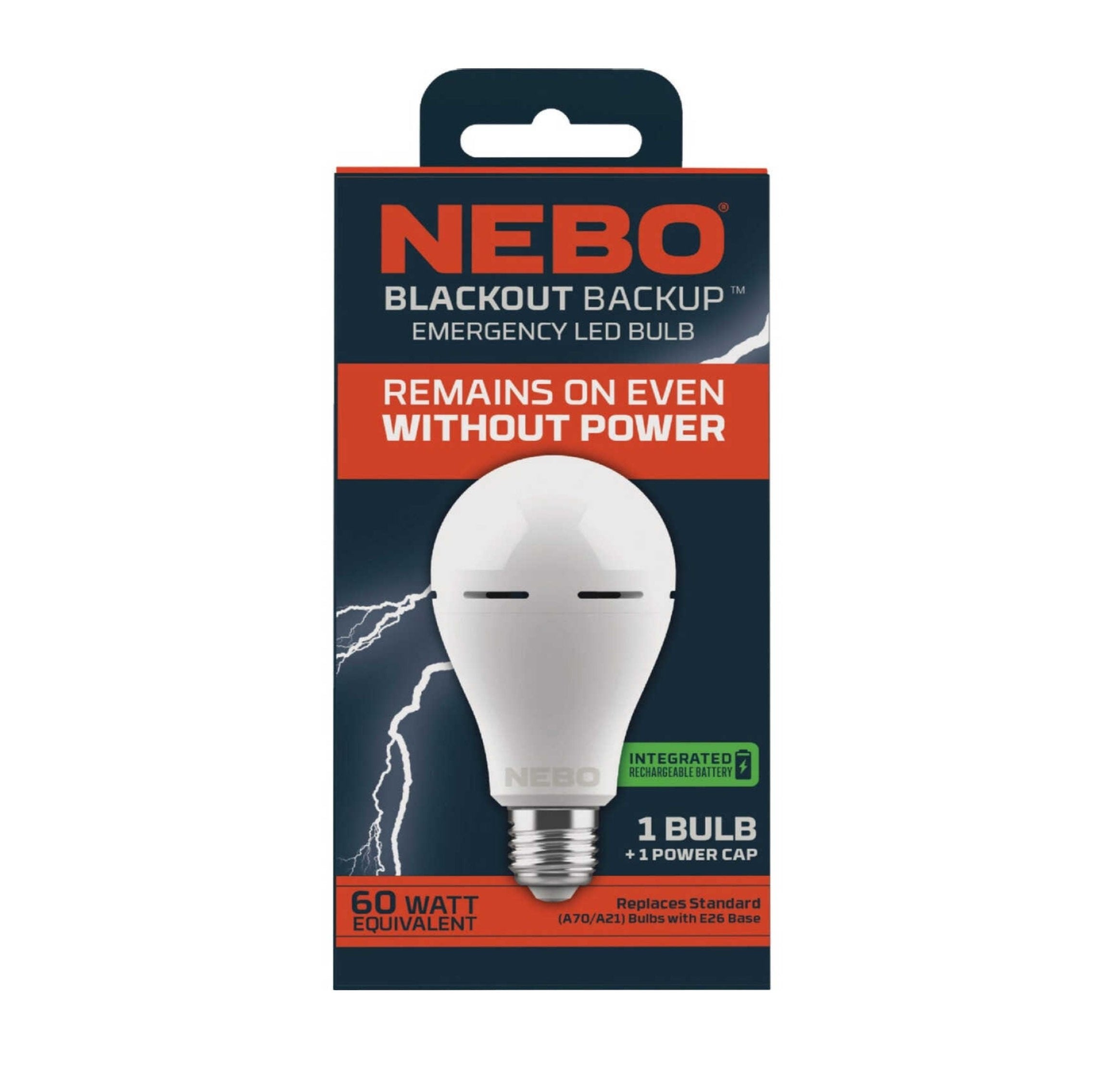 The NEBO NEB-ARE-0003 Blackout Backup Rechargeable Emergency Light Bulb packaging displays an image of the bulb and text promoting its rechargeable emergency function. It operates without power, equivalent to 60 watts, thanks to a built-in battery and features striking lightning graphics on the background.