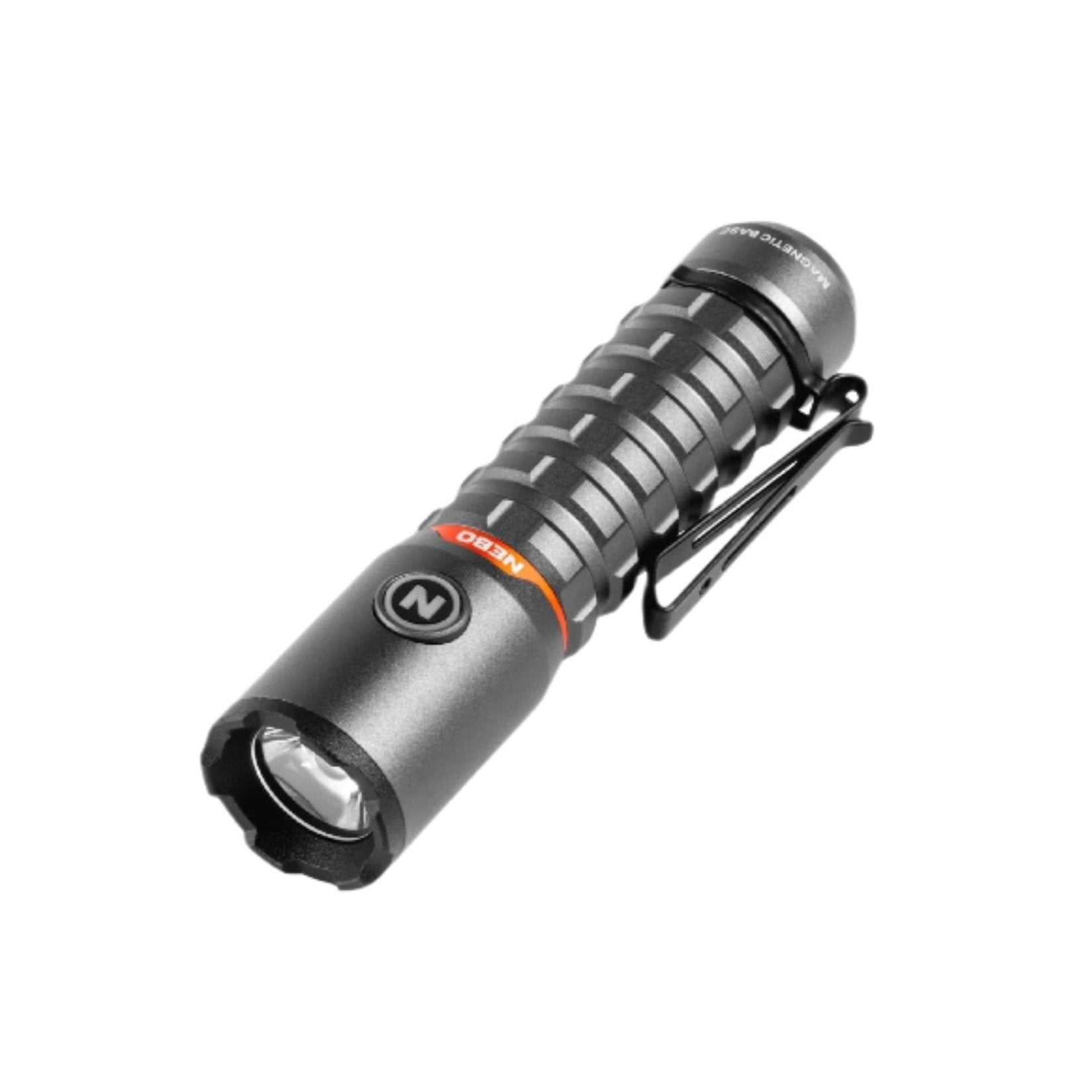 The NEBO NEB-FLT-1006 Torchy 2K is a sleek black flashlight emitting 2000 lumens, featuring a textured grip and an attached clip. This rechargeable pocket light from the brand NEBO is displayed against a white background.