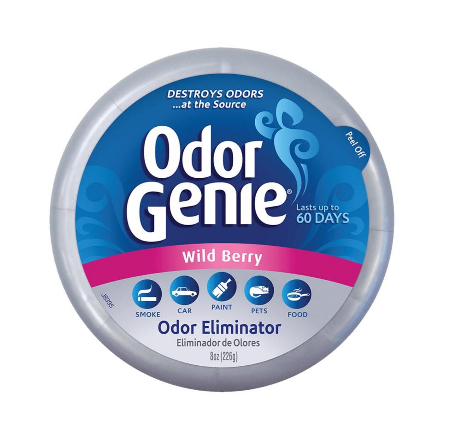 The DAMPRID FG69H Odor Genie in wild berry scent is a round container that effectively eliminates odors, lasting up to 60 days. Featuring icons for smoke, car, paint, pets, and food, this 8 oz. Odor Eliminator keeps your space fresh and inviting.