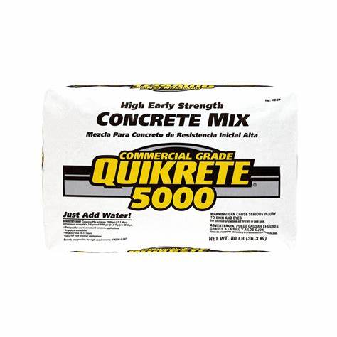 The QUIKRETE 5000 PSI Concrete Mix 80 lb. offers impressive high early strength and commercial-grade quality. Clearly labeled Just Add Water! for easy use, its an ideal choice for all construction needs.