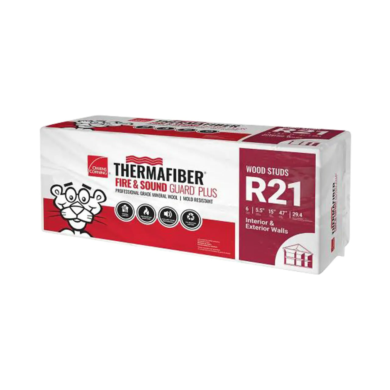 Go Builds 15 in. x 47 in. R21 Thermafiber Fire and Sound Guard Plus Mineral Wool Insulation Batt offers excellent sound control for wood studs, suitable for interior and exterior walls, with recycled content. The red and white rectangular package features a cartoon panther logo on the left.