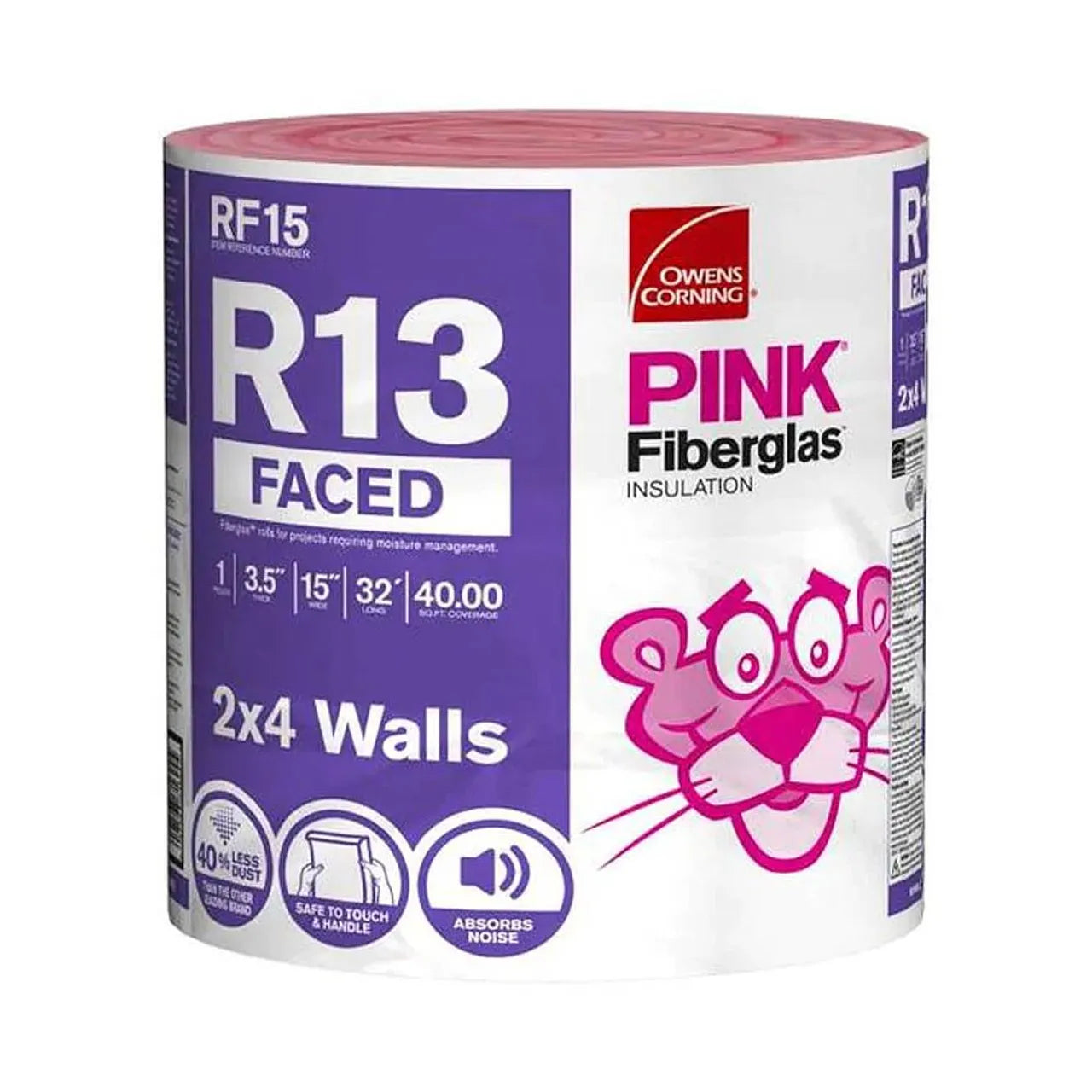 The 32 ft. roll of Go Build R-13 Kraft Faced Fiberglass Insulation for 2x4 wood studs (40 sq. ft.) offers soundproofing benefits and easy handling, featuring playful packaging that underscores its sound absorption qualities.