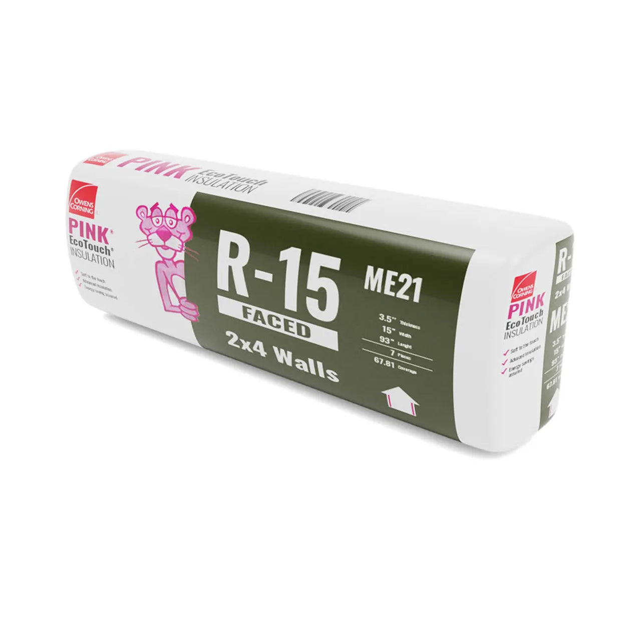 A package of Go Builds R-15 Kraft Faced Fiberglass Insulation for 2x4 wood studs (16 O.C) has a green and white design featuring the Pink Panther graphic.