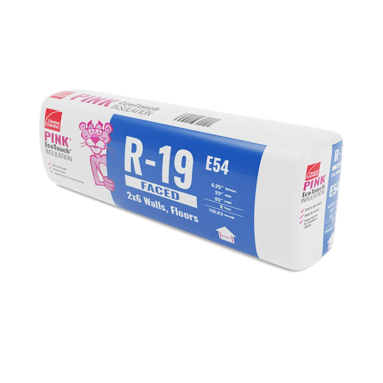 A package of Go Build R-19 Kraft Faced Fiberglass Insulation for 2x6 wood studs, measuring 93 inches and covering 118.83 sq. ft., features predominantly white packaging with a blue section detailing the product, a pink panther mascot, and highlights its GREENGUARD Gold Certification.