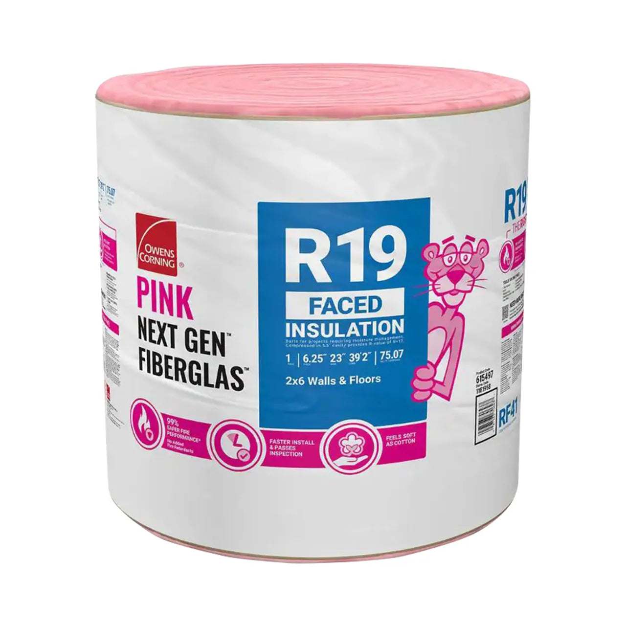 The Go Build R19 Kraft Faced Fiberglass Insulation Roll (23 in. x 39.2 ft.) is cylindrical and offers soundproofing benefits. It features Pink Panther packaging and is ideal for 2x6 walls and floors.