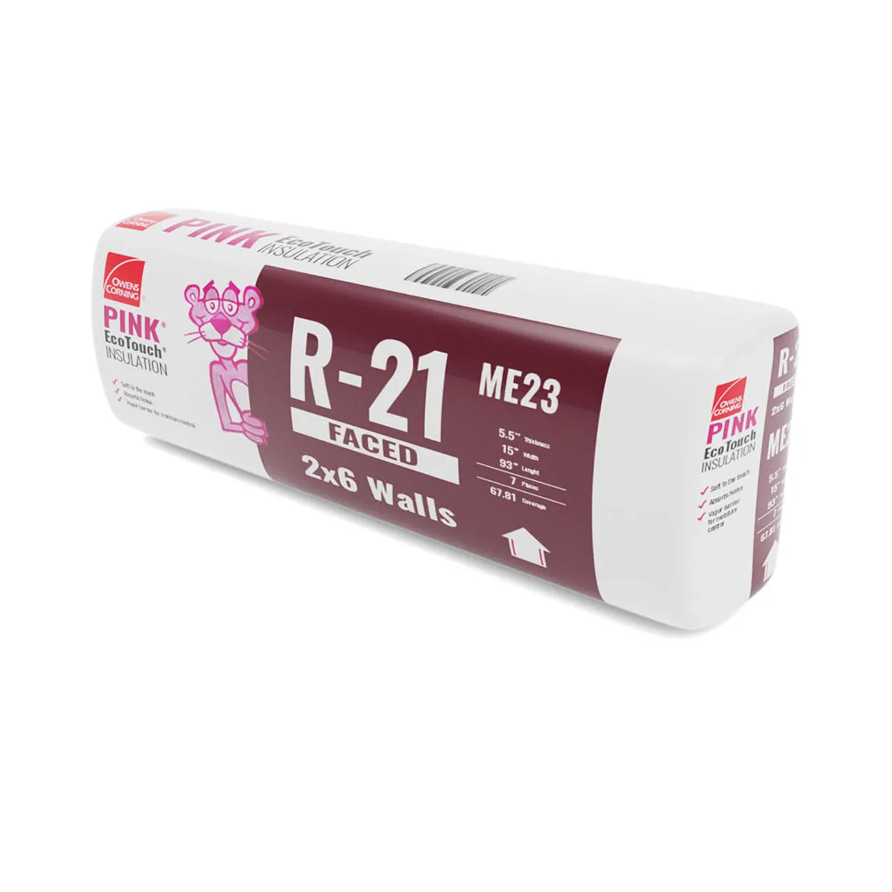 The Go Build R-21 Kraft Faced Fiberglass Insulation With Sound Barrier for 2x6 wood studs, measuring 93 inches and covering 67.81 sq. ft., provides an effective sound barrier. The packaging, featuring white and brown colors with pink accents and showcasing a cartoon pink panther design, represents "The Fastest Way To Build.