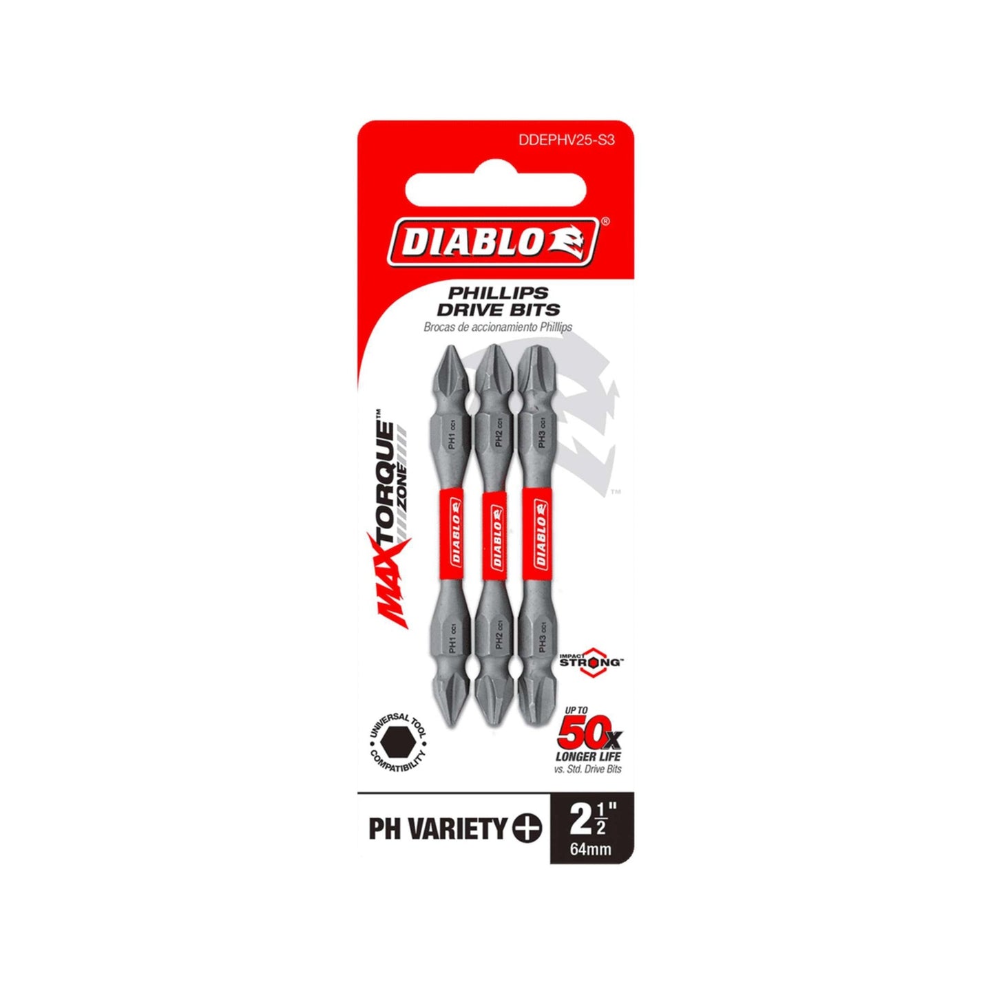 Diablos DIABLO DDEPHV25-S3 2-3/8 in. Double-Ended Phillips Drive Bit Set (3-Piece) includes bi-metal bits with MaxTorque Zone and Extreme Strength Technology, offering Impact Strong durability for a claimed 50x longer life. Each bit is 2-3/8 inches long.