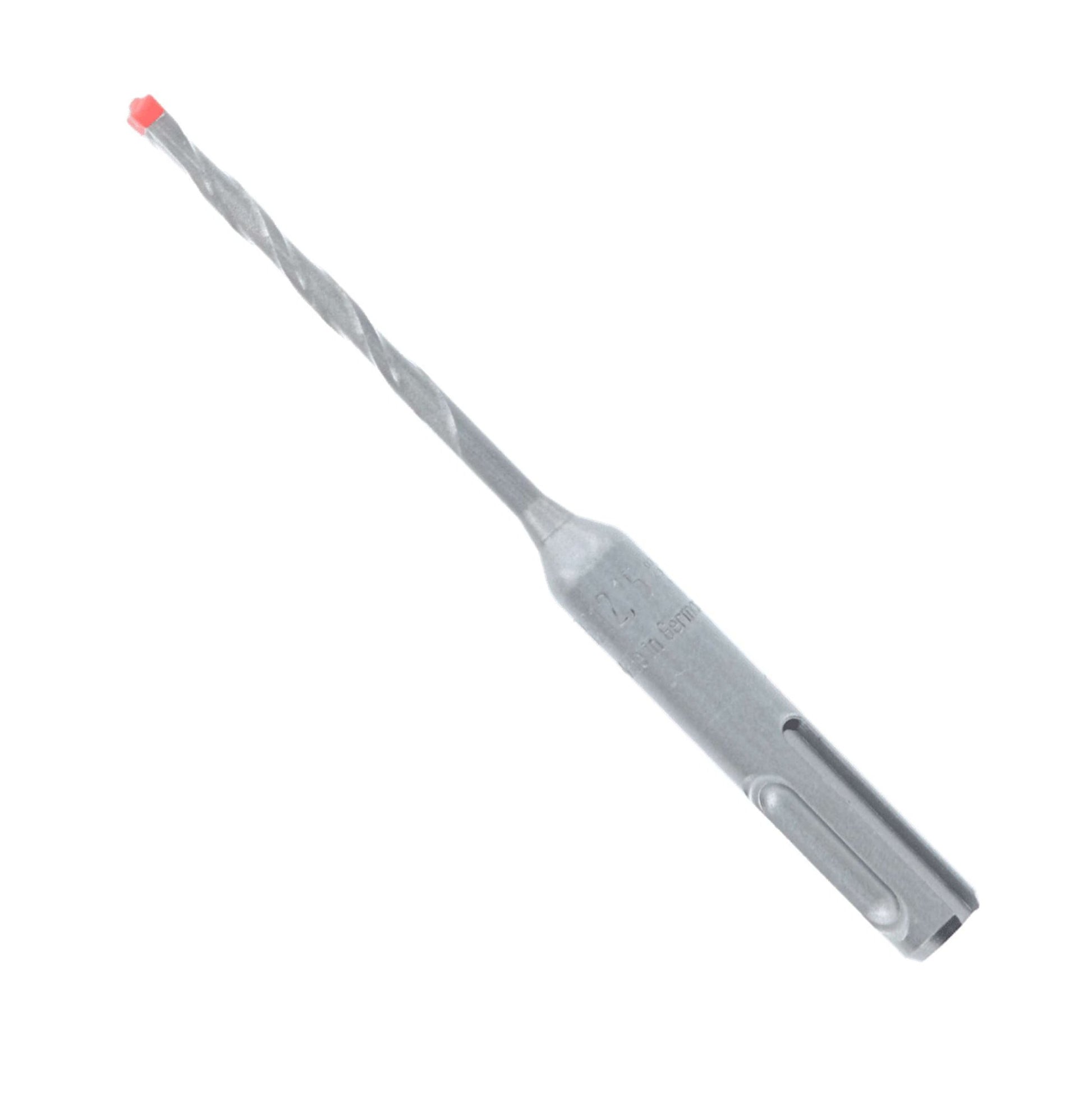 The Diablo DMAPL4010 Rebar Demon is a 5/32 in. x 2 in. x 4 in. SDS-Plus-compatible hammer drill bit with a full carbide head and 4-cutter design, featuring a silver spiraled shaft and pointed tip, plus a thicker base for secure fitting that includes the red Rebar Demon feature.