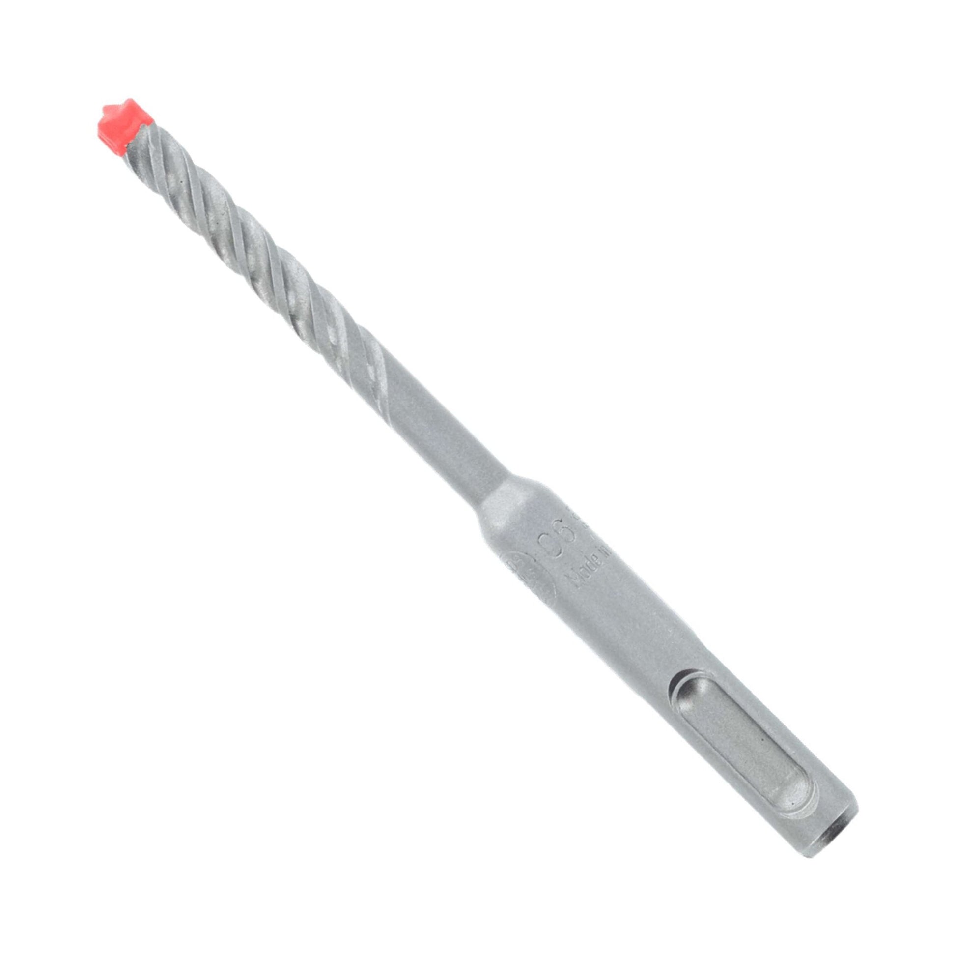 The DIABLO DMAPL4060 Rebar Demon™ is a 1/4 in. x 2 in. x 4 in. silver metal drill bit with a spiral groove and red tip, featuring a Dura-Carbide edge and SDS-Plus shank for secure fastening, perfect for various drilling tasks with its clean, shiny surface.