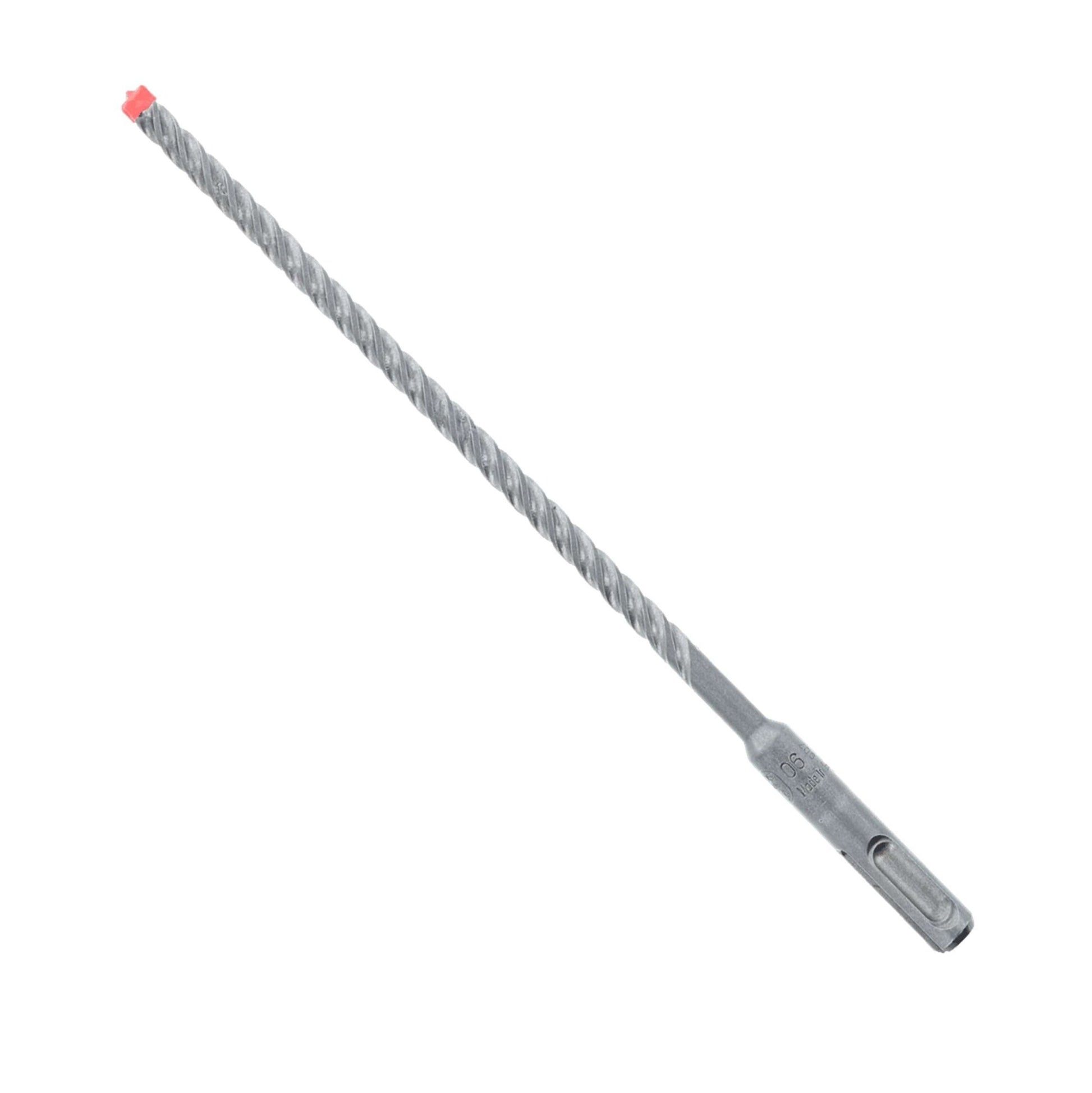 The DIABLO DMAPL4080 Rebar Demon SDS-Plus 4-Cutter, a long and silver spiral drill bit with a red tip, is displayed on a plain white background. This 1/4 in. x 6 in. x 8 in. drill bit features a full-carbide head and is designed for heavy-duty drilling tasks.