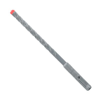 Close-up of the DIABLO DMAPL4110 5/16 in. x 4 in. x 6 in. Rebar Demon™ drill bit with a red-tipped, spiral flute design for efficient drilling through hard surfaces, featuring a straight and tapered SDS-Plus shaft with a notched end for secure drill attachment.