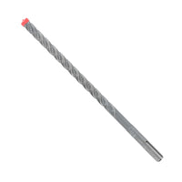 The Diablo DIABLO DMAPL4150 Rebar Demon™ 3/8 in. x 6 in. x 8 in. SDS-Plus drill bit features a long twisted design with a small red cap, a smooth slotted section for SDS-Plus attachment, and a full-carbide head for enhanced durability, all in a sleek silver-gray finish.