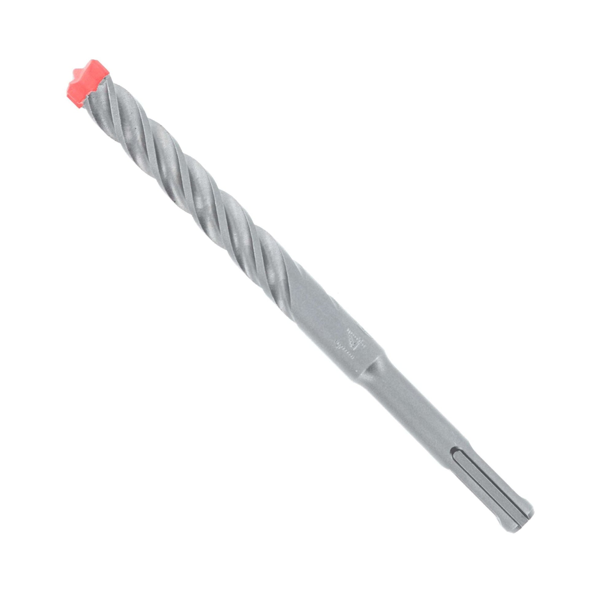 A close-up of the DIABLO DMAPL4180 Rebar Demon™ SDS-Plus drill bit highlights its spiral design and red tip, showcasing intricate grooves and cylindrical shape on a white background.