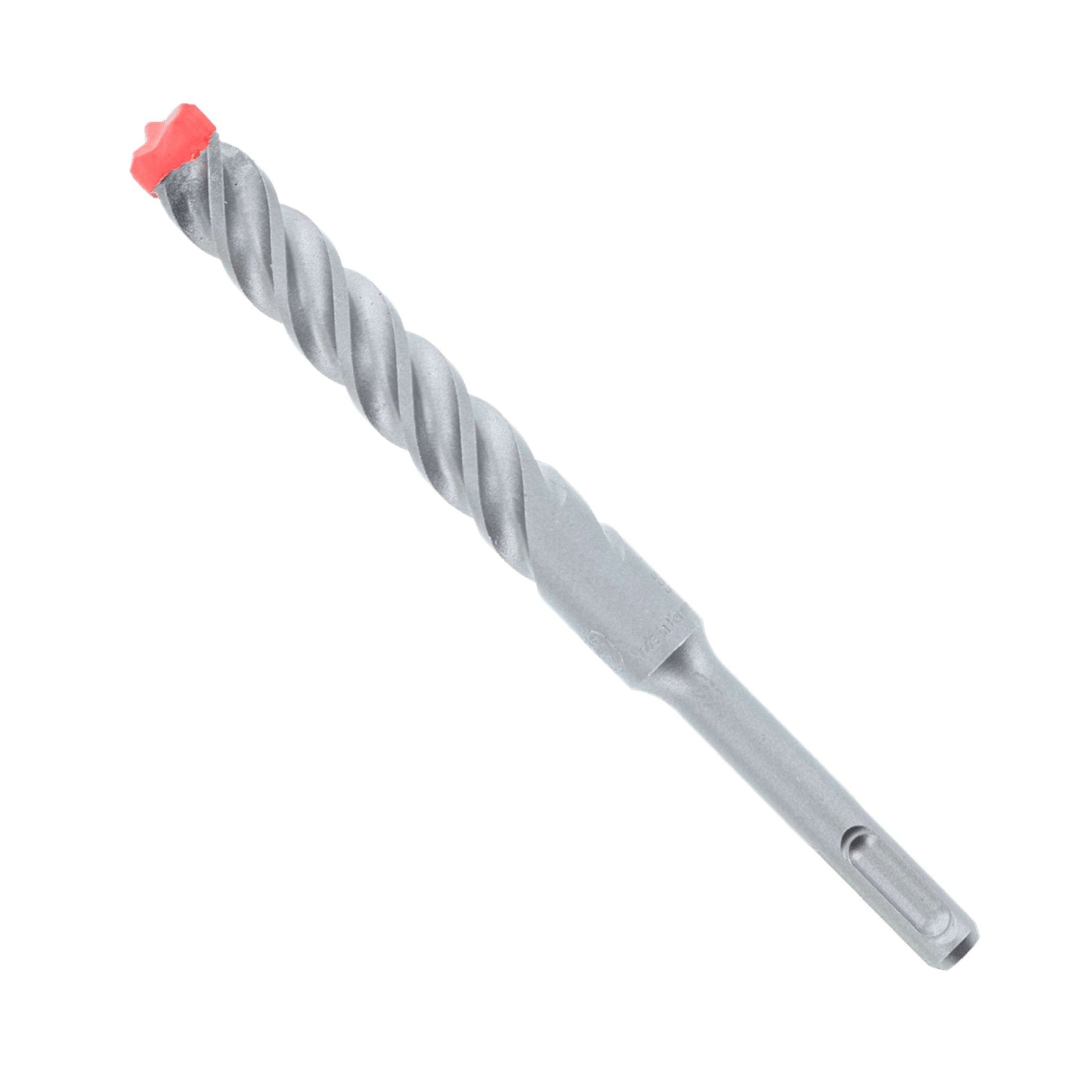 The DIABLO DMAPL4210 by Diablo is a spiral-shaped, silver drill bit with a red tip, measuring 5/8 in. x 4 in. x 6 in. It features an SDS-Plus cylindrical shank with a slot for secure attachment and is designed for use in power drills.