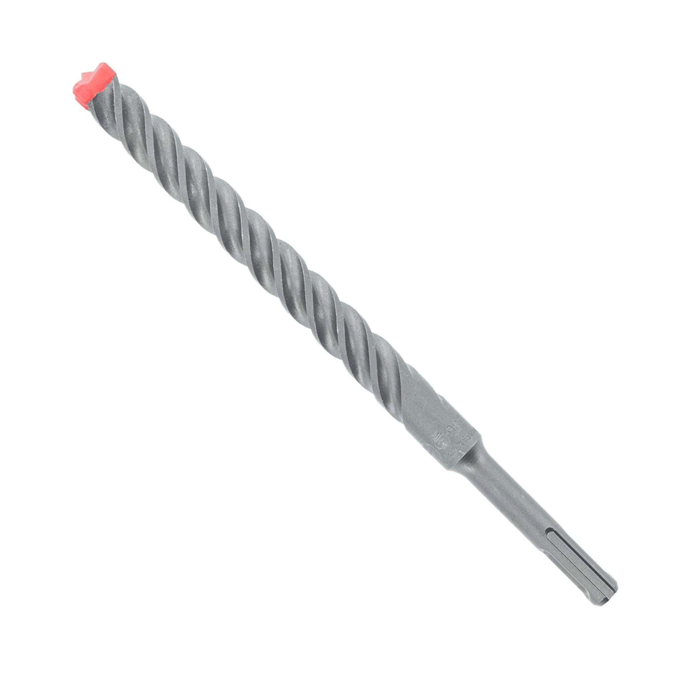 The DIABLO DMAPL4220 5/8 in. x 6 in. x 8 in. Rebar Demon™ SDS-Plus hammer drill bit with a full carbide head and spiral fluted design features a striking red tip and is shown diagonally on a plain white background.