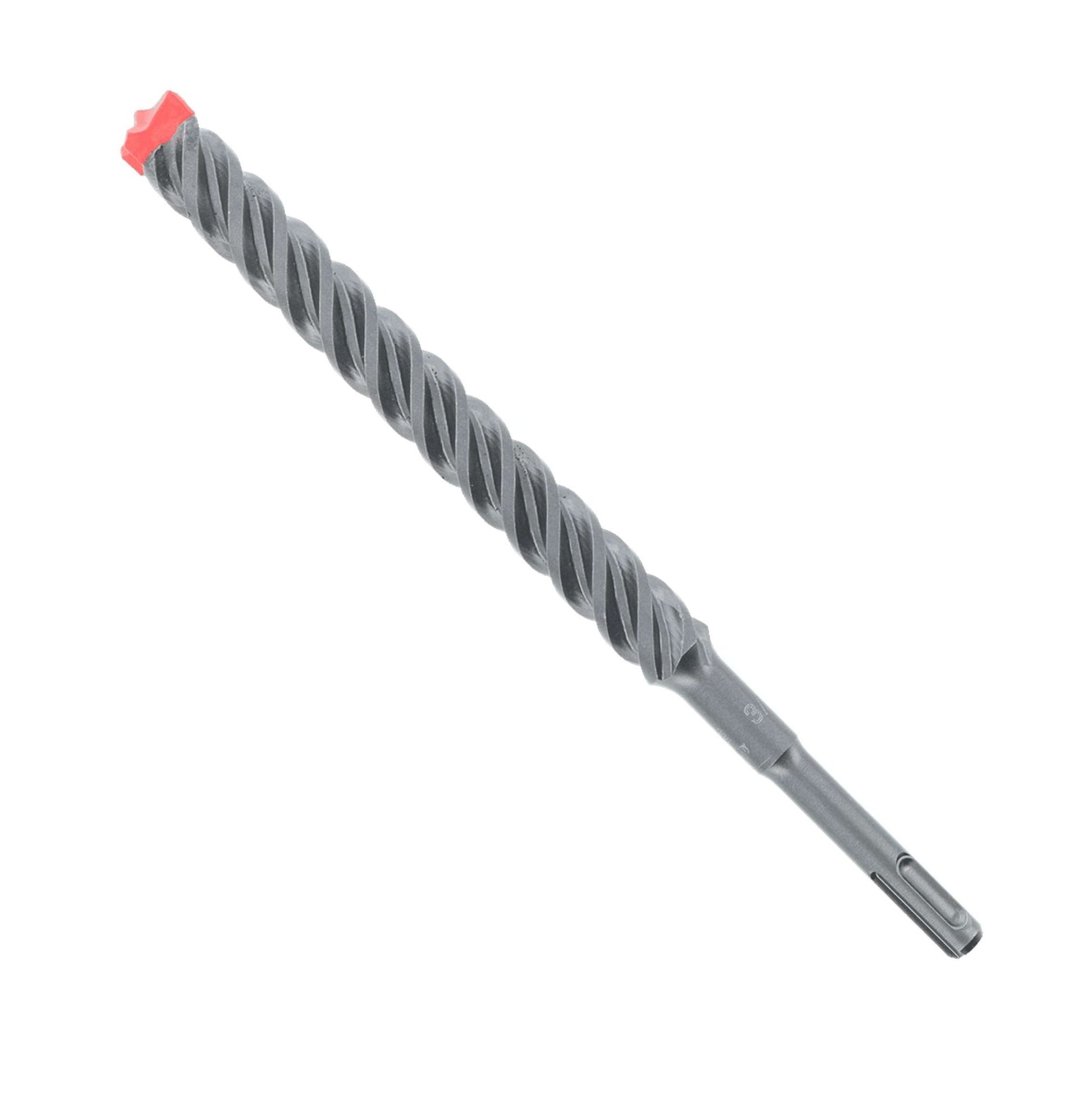 The DIABLO DMAPL4250 Rebar Demon SDS-Plus 4-Cutter Hammer Drill Bit, featuring a gray spiral-fluted body and red tip, is designed for heavy-duty drilling and displayed against a plain white background.